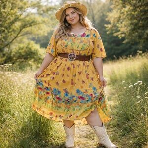 🍓 5 FOR $40 90s Cottagecore Yellow Floral Butterflies Midi House Dress